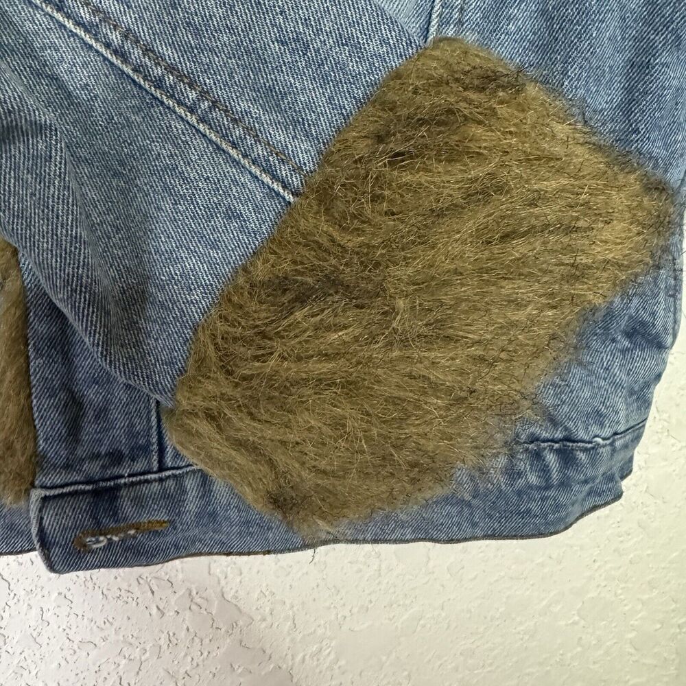 One Tuff Babe Denim Jacket Faux Fur Trim Blue Woman Size L Button Close - Picture 7 of 11